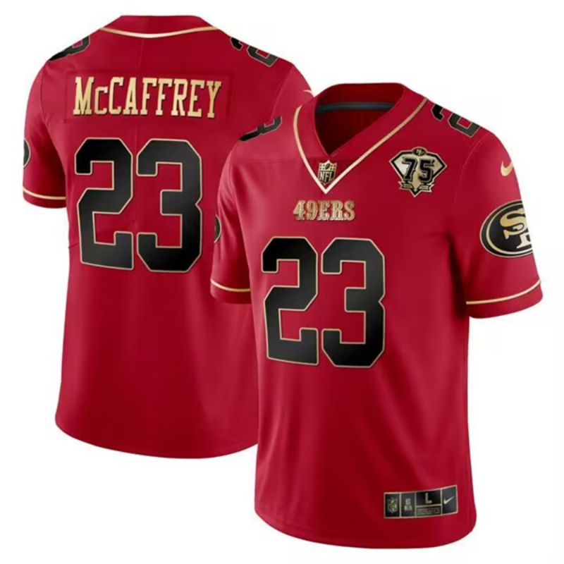 San Francisco 49ers #23 Christian Mccaffrey Red Gold 75 Anniversary Patch Limited Jersey - Cocomos