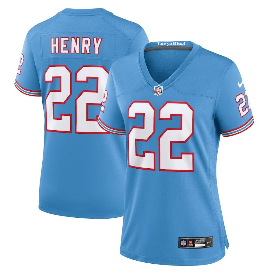 Women Tennessee Titans #22 Derrick Henry Oilers Throwback Alternate Game Player Jersey - Light Blue - Cocomos