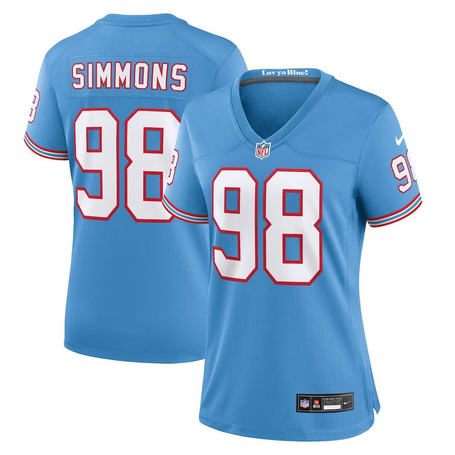 Women Tennessee Titans #98 Jeffery Simmons Oilers Throwback Alternate Game Player Jersey - Light Blue - Cocomos