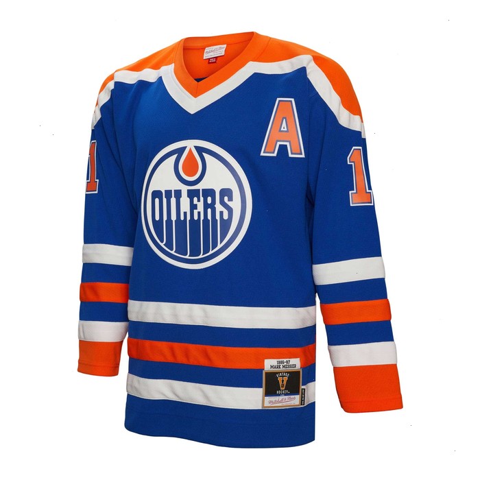 Mark Messier Edmonton Oilers Mitchell & Ness 1986/87 Alternate Captain Patch Blue Line Player Jersey - Royal