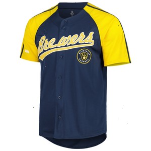 Milwaukee Brewers Stitches Button-Down Raglan Fashion Jersey - Navy