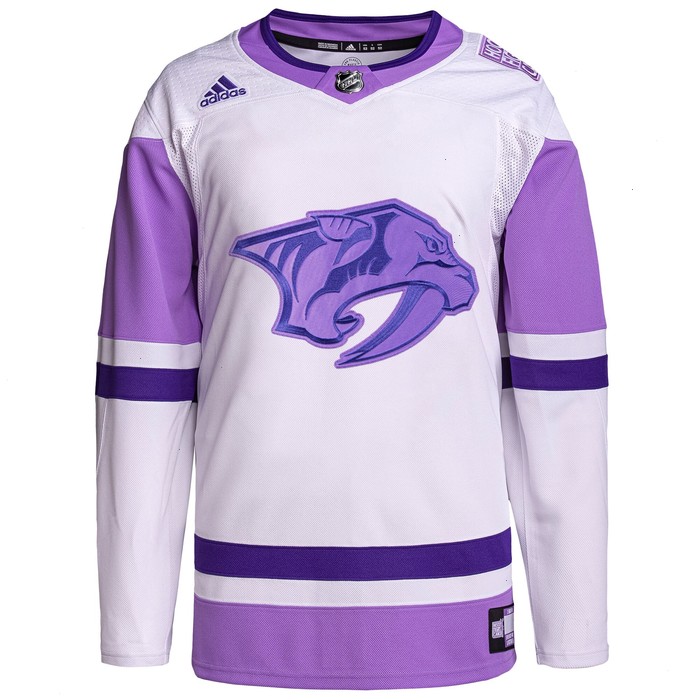 Nashville Predators adidas Hockey Fights Cancer Primegreen Authentic Blank Practice Jersey - White/Purple